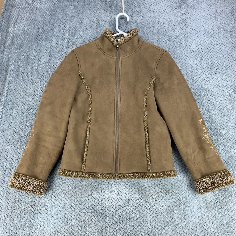 LL Bean Faux Suede Jacket Womens Medium Faux Sherpa Lined Full Zip Floral Design